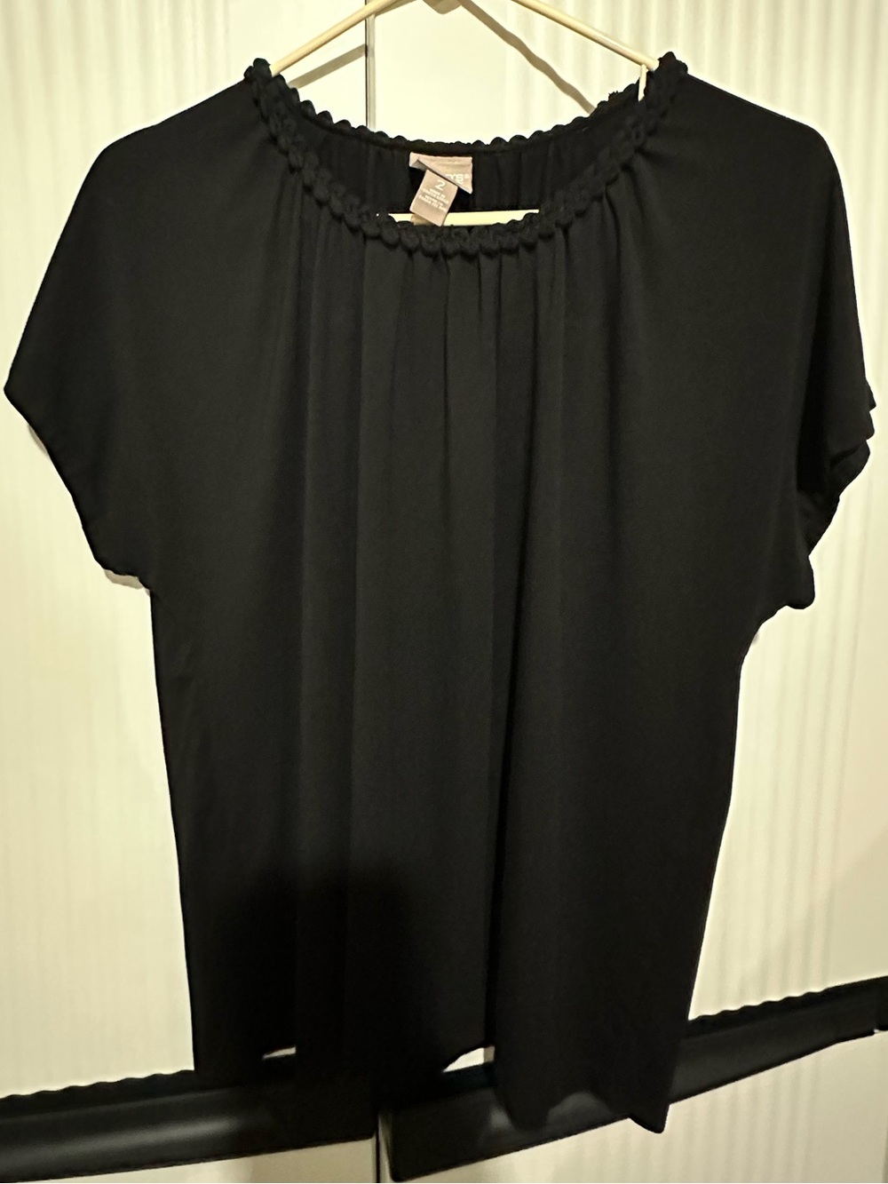 Chico's Black Braided-Neck Short-Sleeve Blouse L/12US